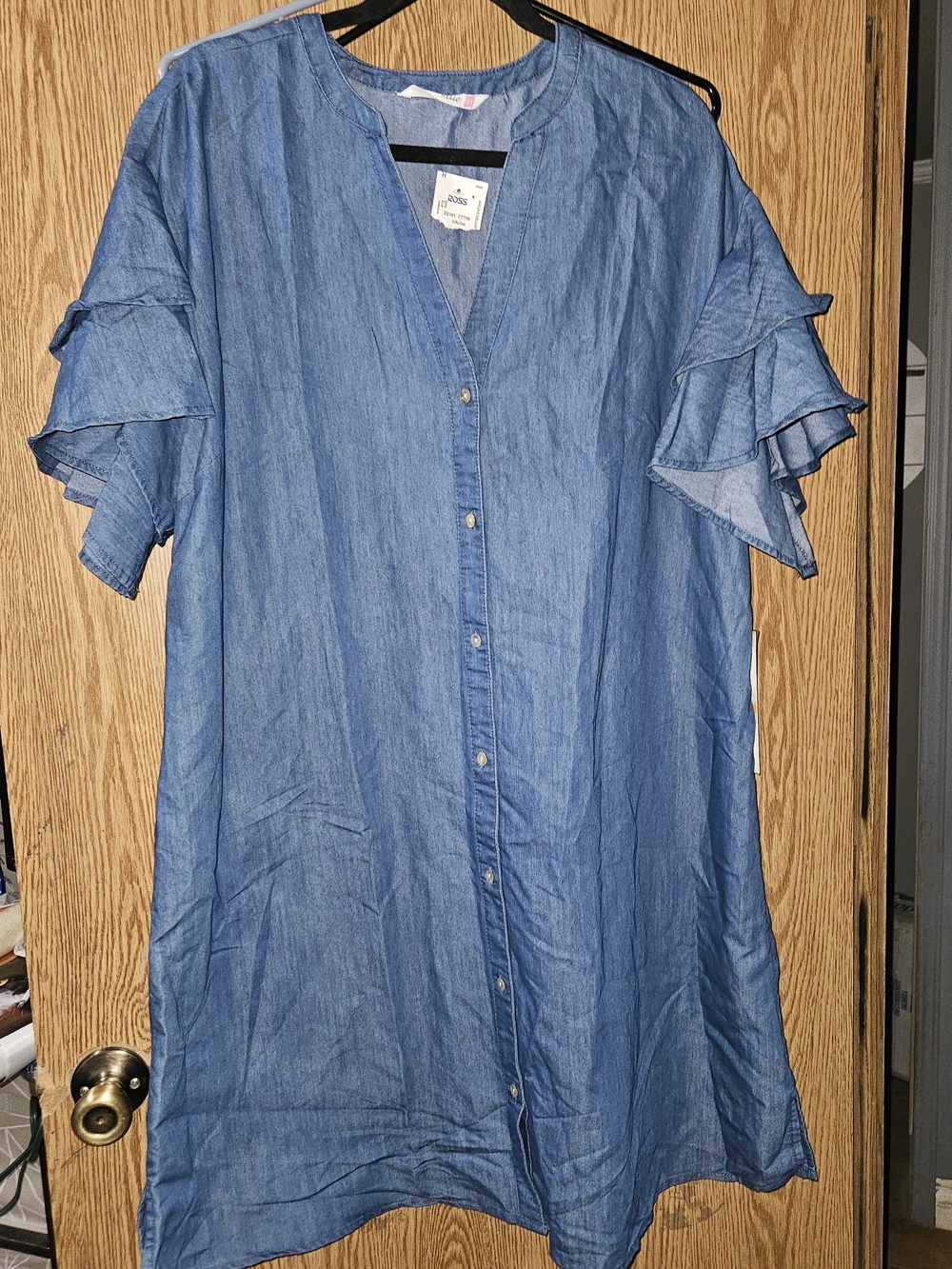 Given Kale Denim-Look Button Front Tunic with Ruffle Sleeves